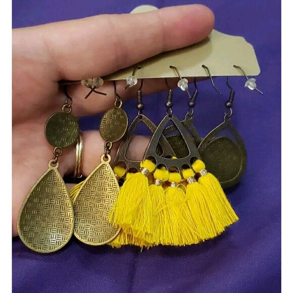 Three Pairs Dangle Earrings BOHO Western Style Yellow & Bronze Tone - Picture 11 of 11